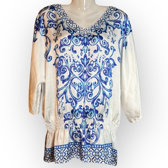 Chico's Womens Embellished V Neck Blue Peplum Blouse Top 2 US L Coastal Florida - Picture 3 of 14